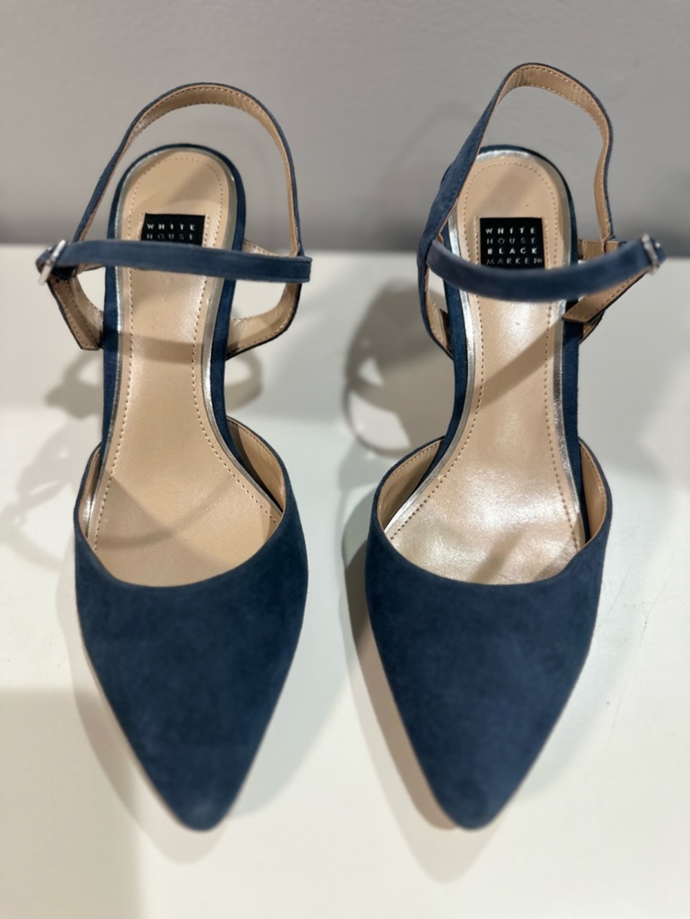 White House Black Market Navy Suede Pointed Toe Slingback Pumps